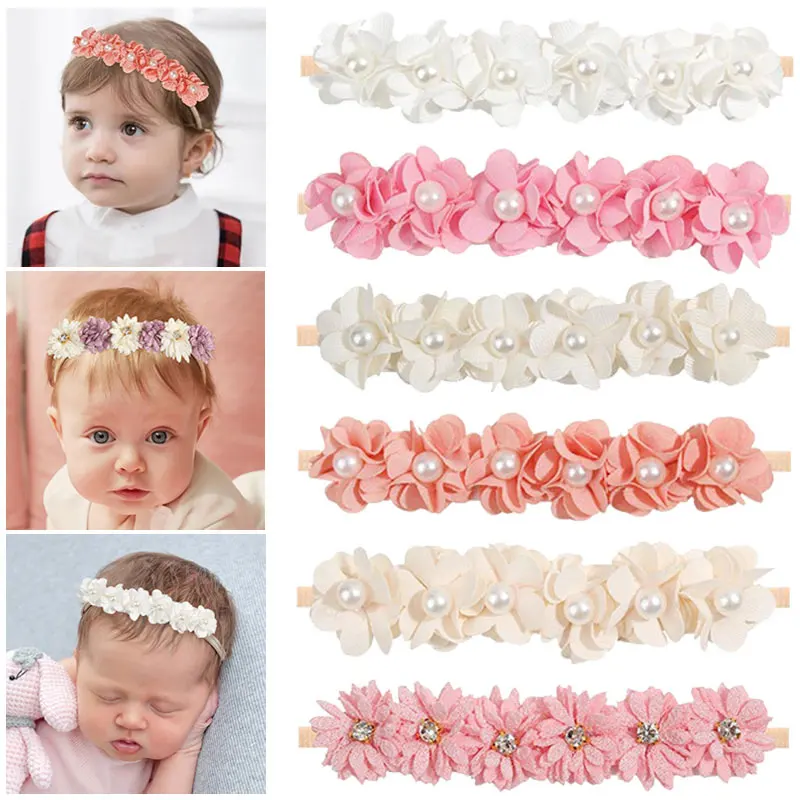 Preciosas diademas para niña, diademas elásticas de nailon con perlas florales para bebé, diadema para recién nacido, accesorios para el cabello