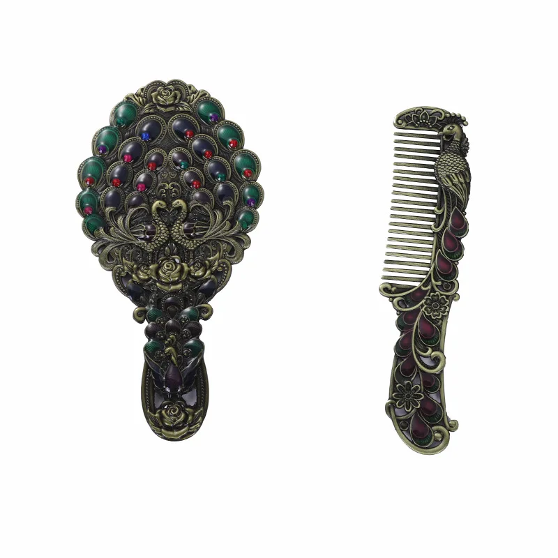 Retro Peacock Metal Handheld Makeup Mirror Portable Straight Handle Mirror With Comb Set