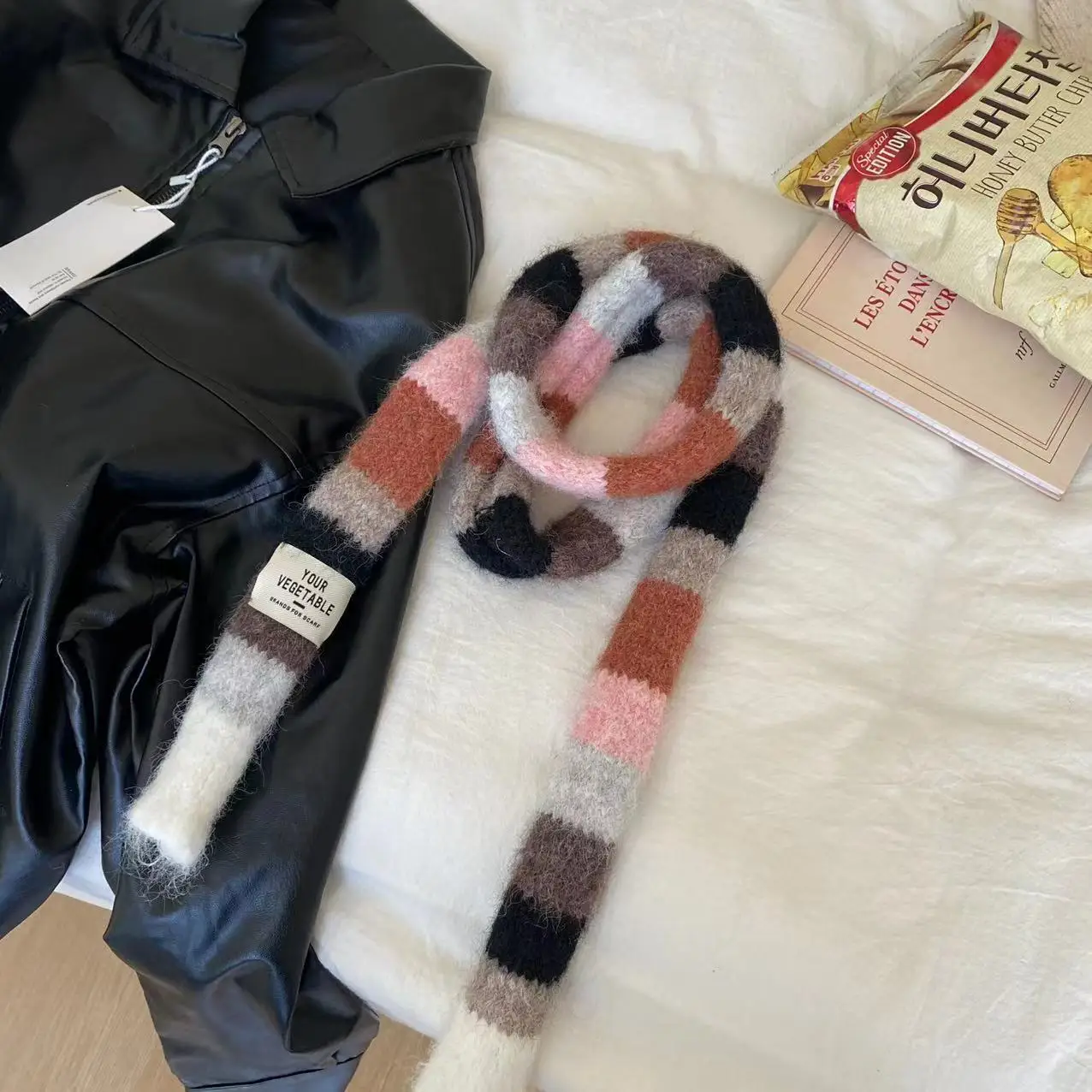 2024 Knitted Wool With Warm Color Splicing Contrast Striped Sausage Thin Scarf