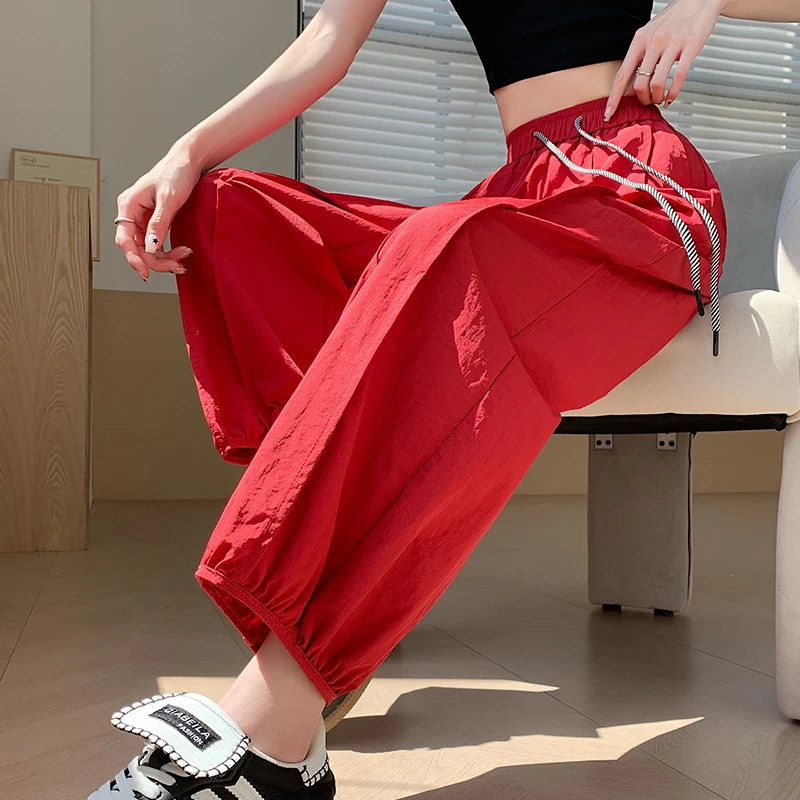 

2024 New Arrival Summer European Style Women High Waist Calf-length Pants Casual Loose Fit Elastic Waist Harem Pants V97