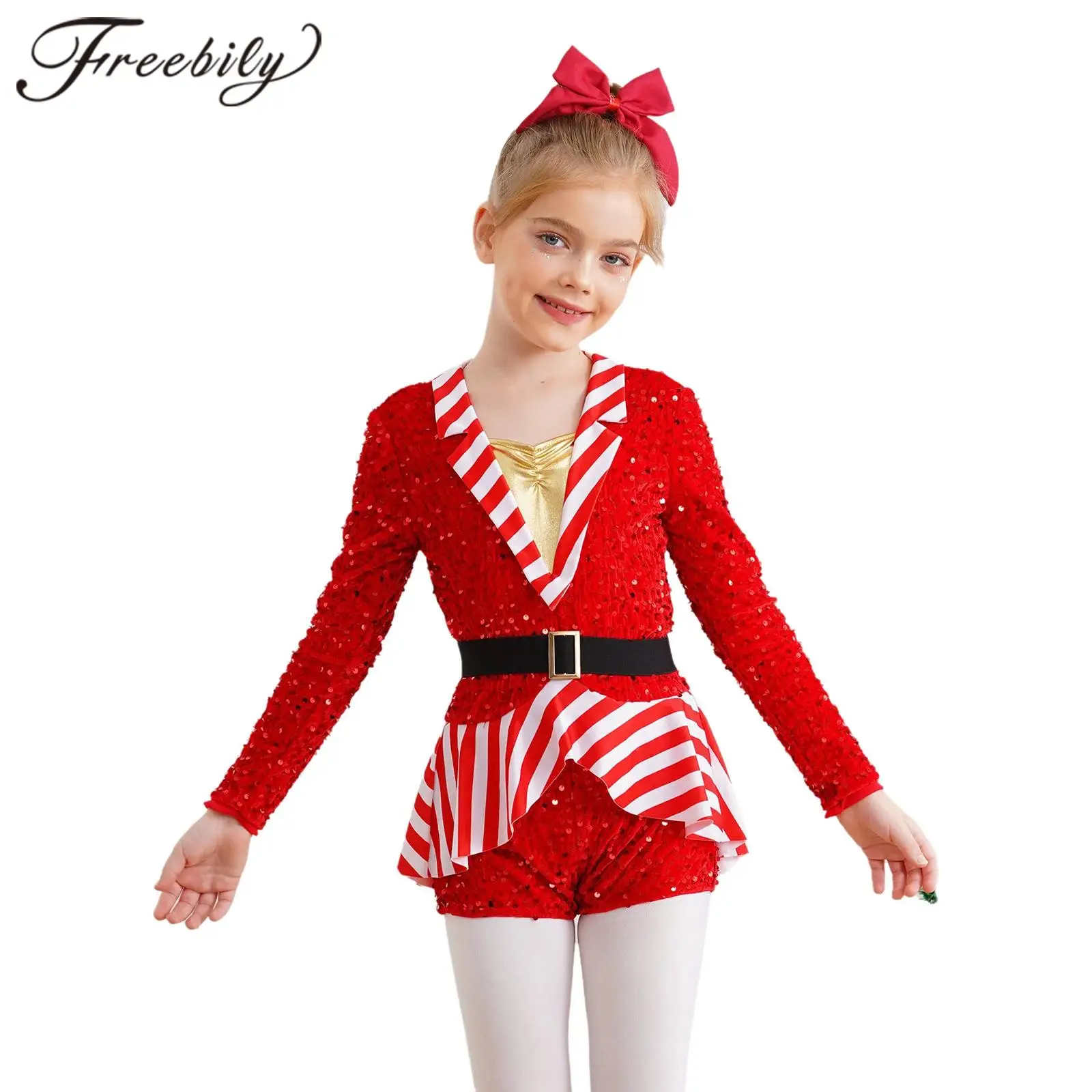 Christmas Outfit Girl Boycut Bodysuit Unitard Long Sleeve Sequins Stripes Jumpsuit 2025 New Year Xmas Party Candy Cane Costumes