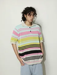 Colorido respirável pele amigável polo colarinho manga curta malha camisa, top de redução da idade dos homens finos, nicho de nicho, verão, novo, 2024