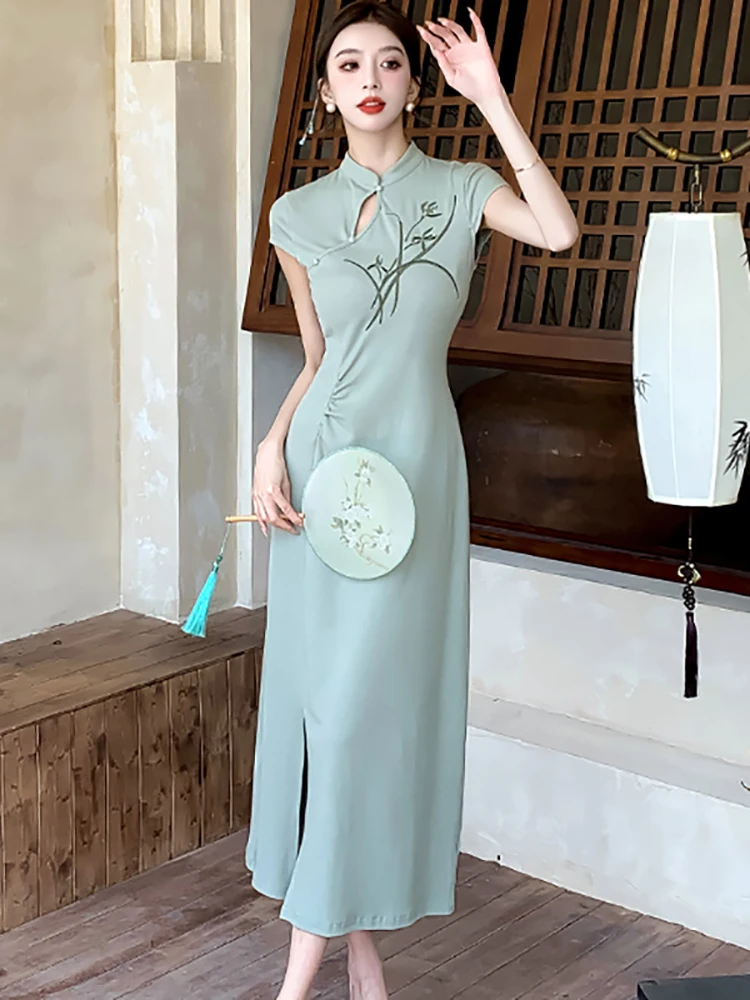 Summer Korean Vintage Embroidery Luxury Long Dress Wommen Elegant Bodycon Chic One-piece Dress 2024 Fashion Luxury Evening Dress