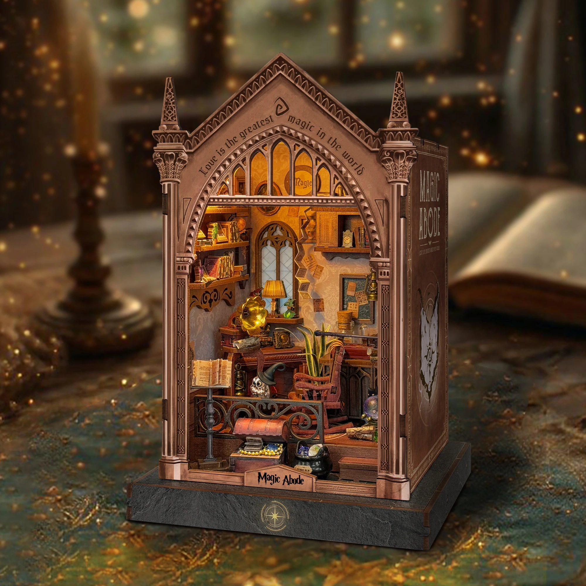 DIY Buchecke Holz Miniatur Modellbausätze Magic Abode Buchstütze 3D Puzzle mit Licht Bücherregal für Freund Geburtstagsgeschenke