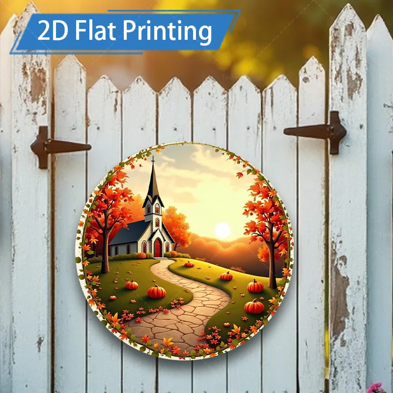 [2D FLAT] 1pc Metal Sign, 8x8inch Autumn Church Scene 2D Flat Printed Metal Wall Art Decor for Home Garden