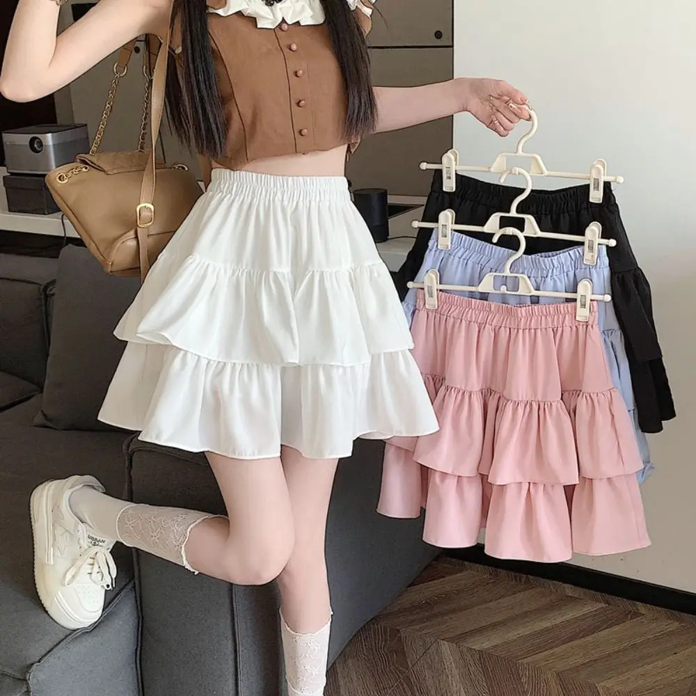 A-line High Waisted Cake Skirt Elastic Waist Double Layer Pleated Fluffy Mini Skirt with Safty Pants Short Dress