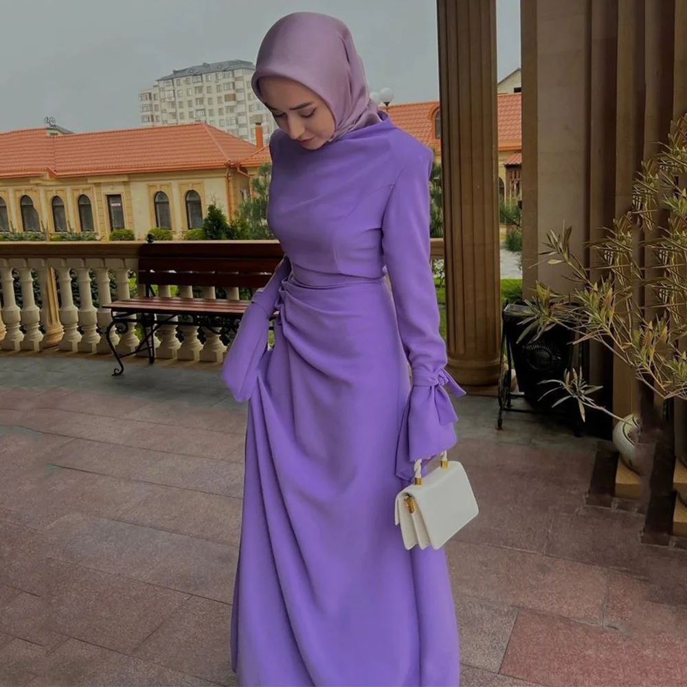 Disesuaikan tengah timur gaun warna Solid lengan panjang Ruffles Islam gaun Prom gaun selubung wanita gaun malam Dresses رomysemi