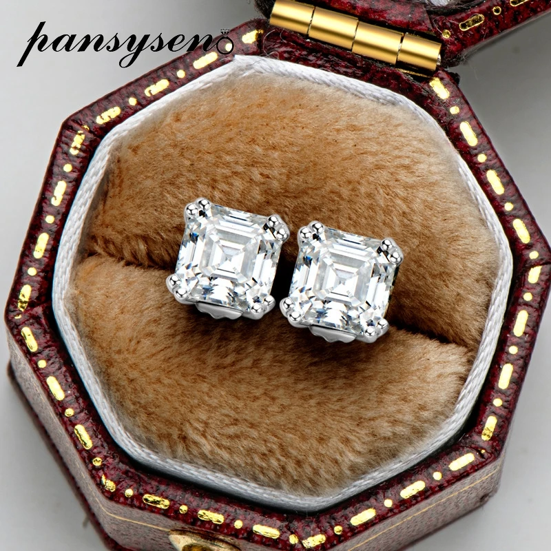 PANSYSEN New Luxury Solid 925 Sterling Silver 1.6 Carat Asscher Cut Real Moissanite Stud Earrings for Women Wedding Fine Jewelry