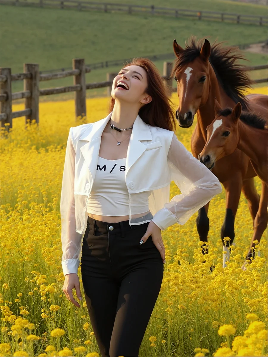 Sonnenschutz, verkürzte, durchsichtige Blazer mit Rückenschlitz für Damen mit Designs, Kleidung für Damen, hochwertige Wollmischung, gelbe Baumwolle, OL-Rosa