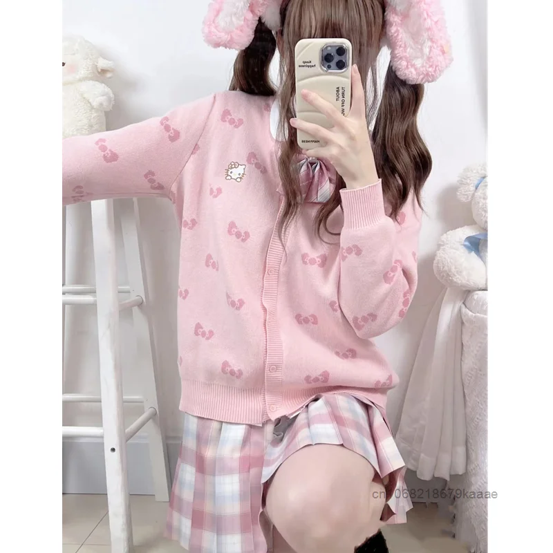 Sanrio Hello Kitty Cardigan Sweater Korean Version Sweet Bow Female Students Sweater Kawaii Soft Girl Style Knit Sweater Jacket