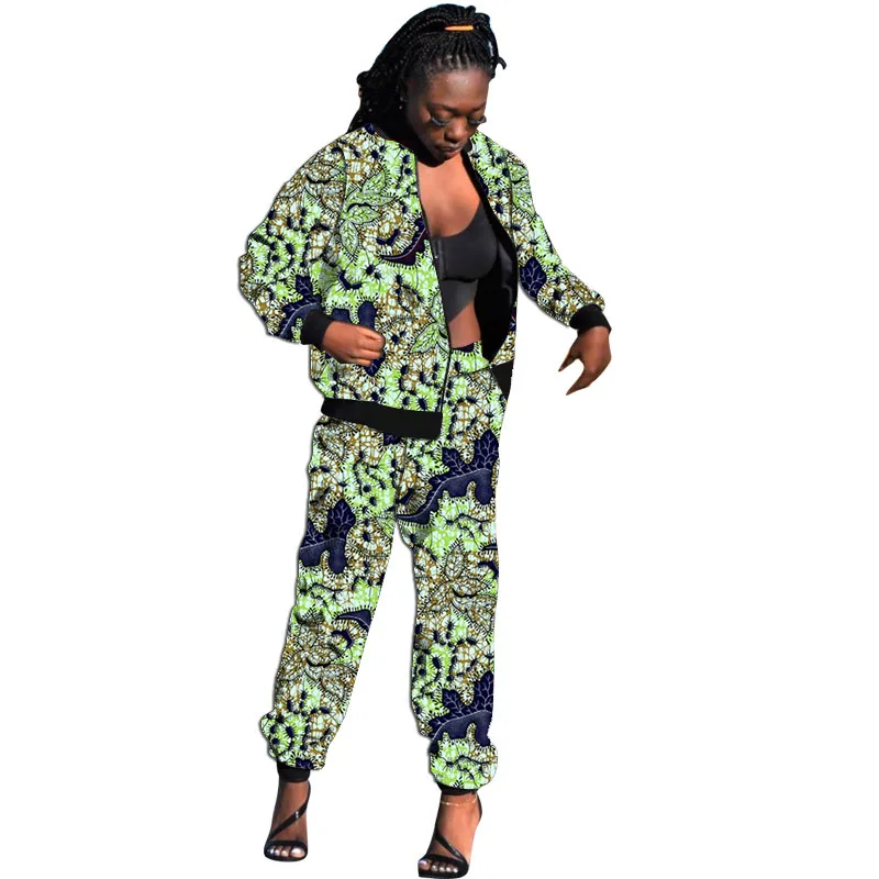 طقم مكون من قطعتين بنمط أوراق الطباعة الأفريقية بدلة رياضية نسائية غير رسمية بسحاب وسراويل ملابس أنقرة للسيدات #2