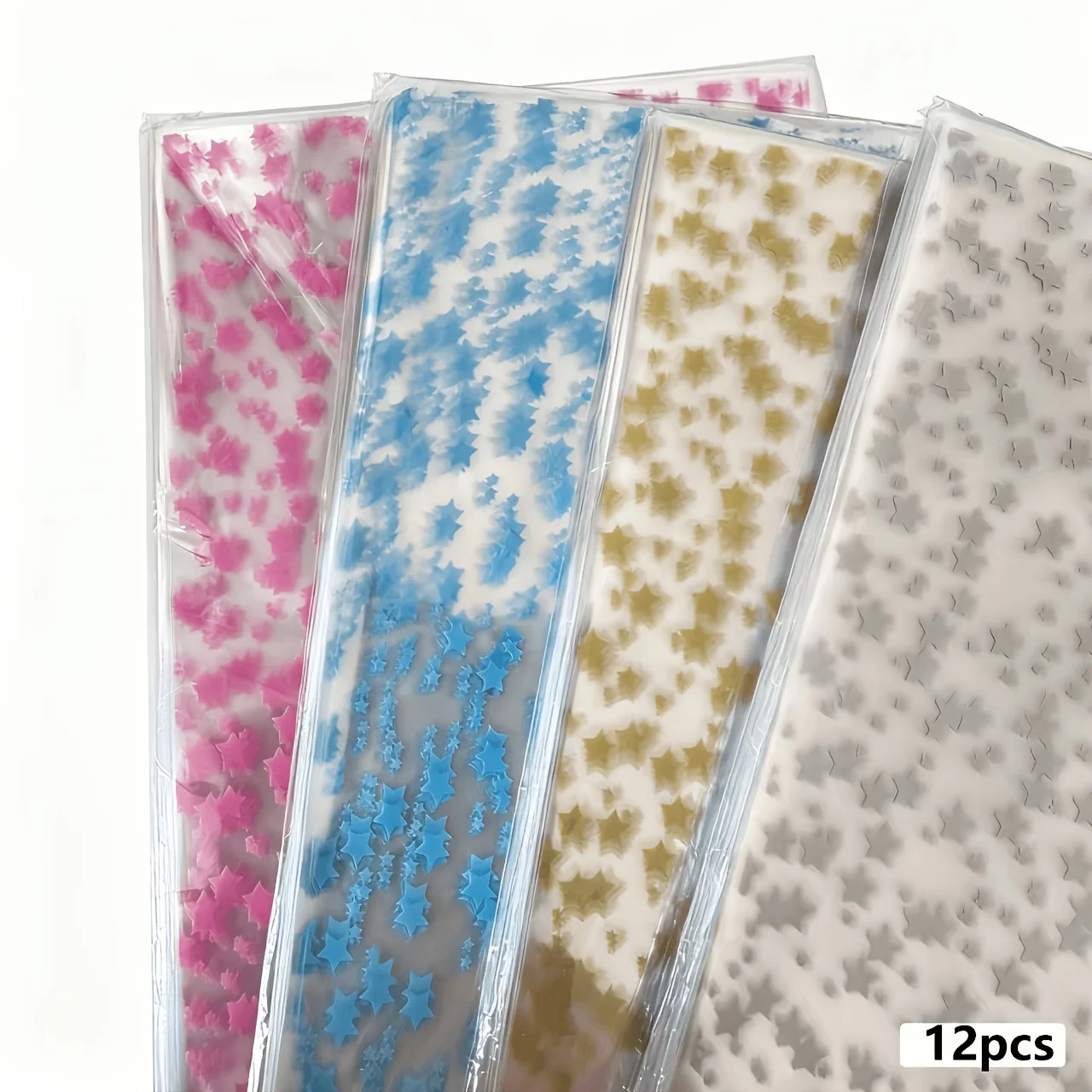 12 Pieces (includes Twist Ties) - 26.92 X [measurement] Clear Cellophane Bags, Multi-colored Star Pattern, Twist Tie Closure,