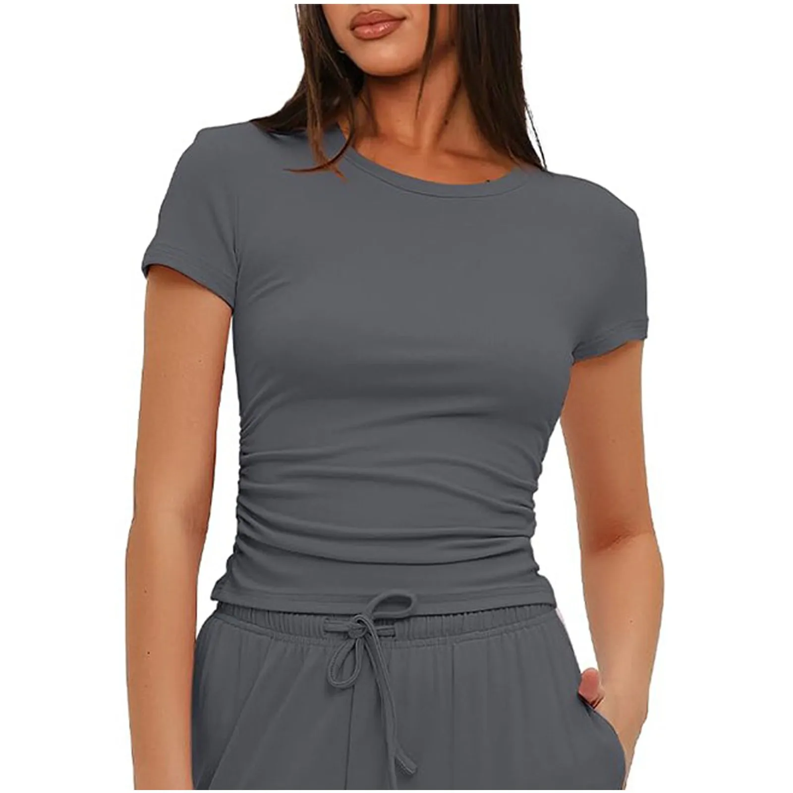 ملابس علوية نسائية قصيرة الأكمام بكشكشة ، بدلة رياضية كاجوال يومية ، تي شيرت مطابق بقصة ضيقة ، أحادي اللون ، مطابق ، صيفي ، كلاسيكي
