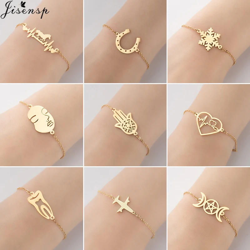 Vintage Hamsa Hand Stainless Steel Chain Bracelets for Women Bijoux Simple Plane Face Bracelet Supernatural Pentagram Jewelry