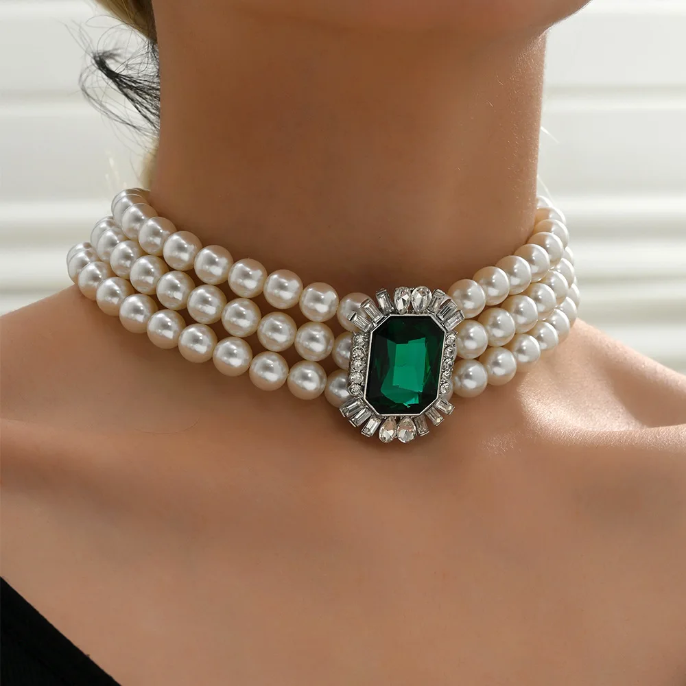 KMVEXO Multi Layered Simulated Pearl Green Crystal Choker Necklace Collar Statement Boho Clavicle Chain Necklace Women Jewelry