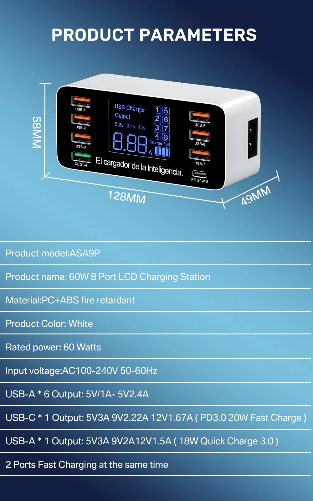 8 Ports USB Charger QC3.0 Quick Charge Phone Charger Adapter Type C 20W PD Fast Charger For iPhone 13 12 Samsung Xiaomi Huawei