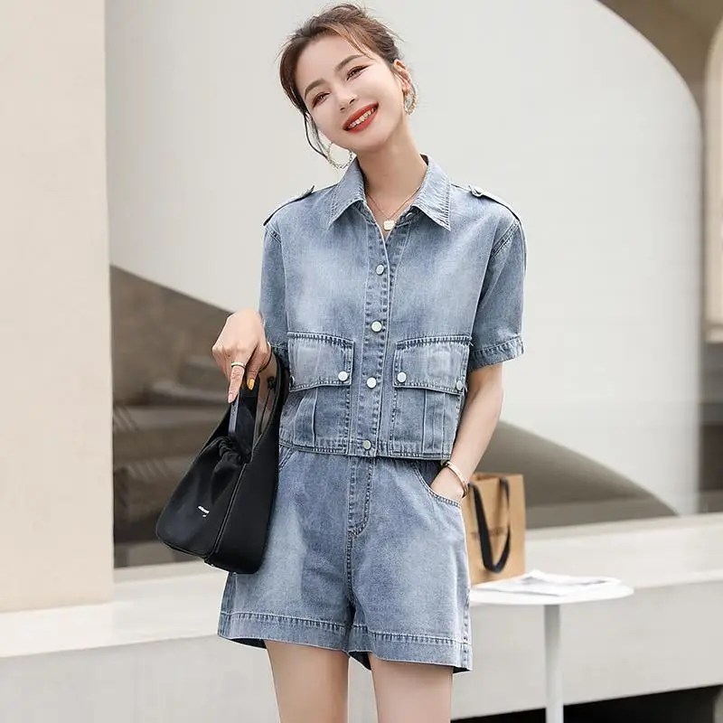 Denim Short Jacket Female Short-Sleeved Harem Cropped Trousers 2023 Summer New Korean Fashion Loose Thin Two-Piece Suit Commute