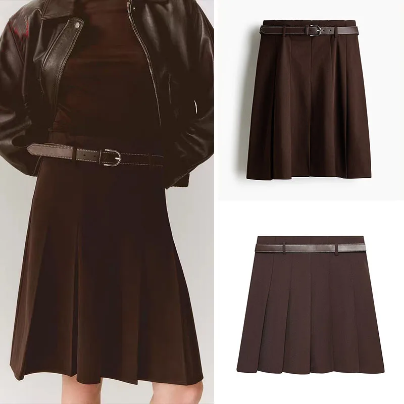 Elegant Vintage Pleated Pure Color Belted Midi Skirt Spring New Arrival Women's Fashion Ethnic Stage Costume 18-25 Years Old