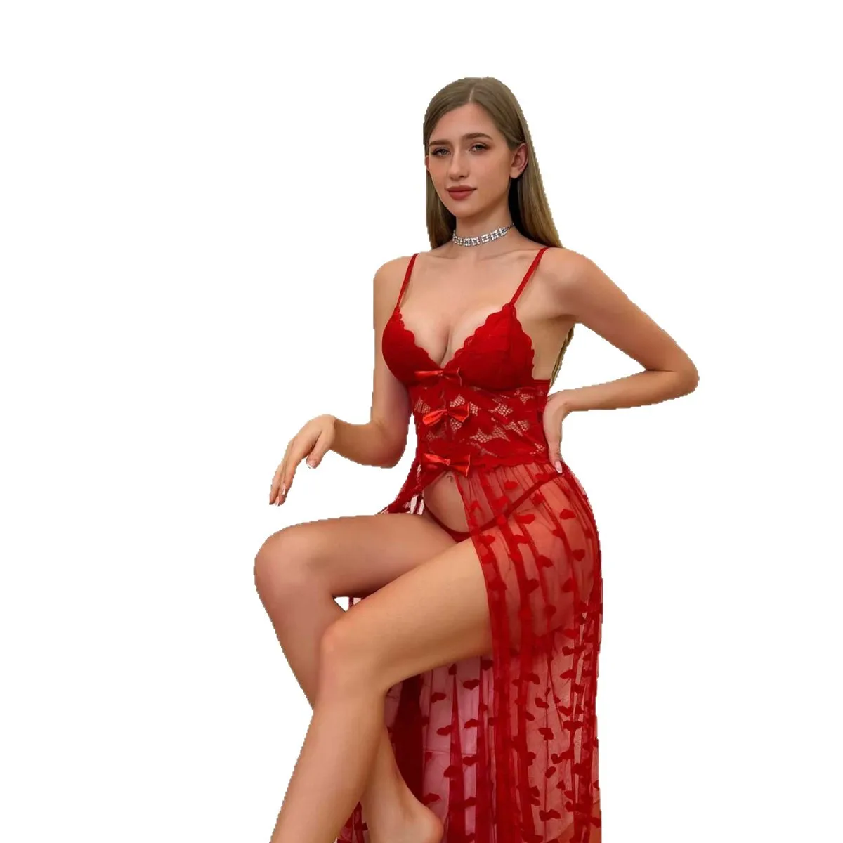 Red Lace Heart Print Mesh Long Nightgown Halter Neck Bowknot Sleepwear Sheer Exotic Robe Open Front Lingerie Dress Outfits