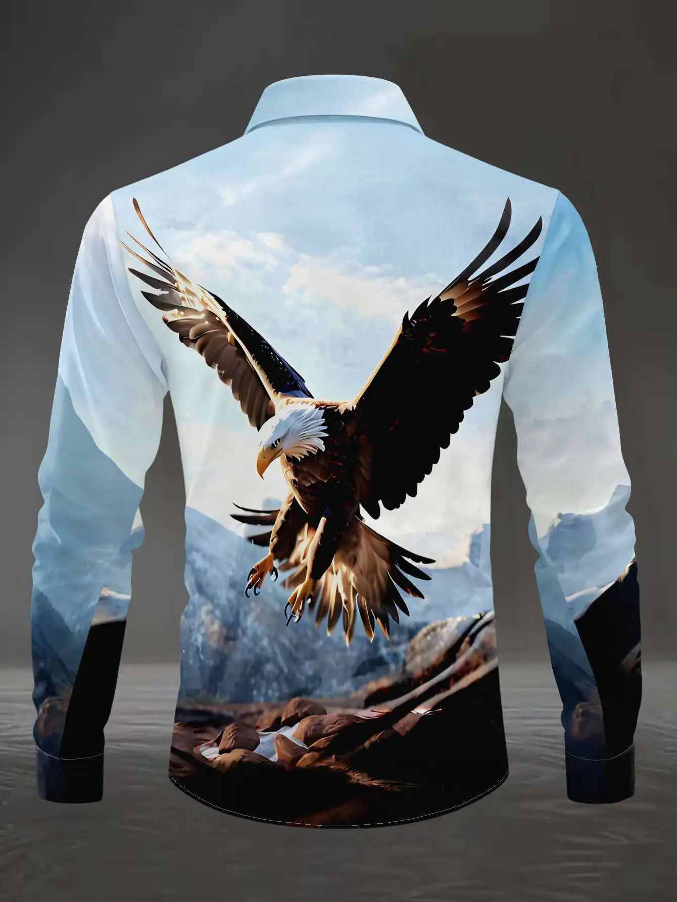 Men Long‑Sleeve Button‑Down Shirt Eagle Mountain Landscape Print Polyester Lapel Collar Casual Top