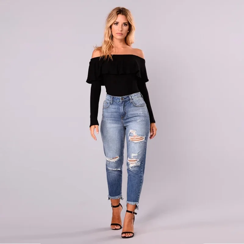 

2024 Spring/Summer Women's Jeans New Fashionable High Waisted Irregular Ripped Jeans High Strecth Denim Pants