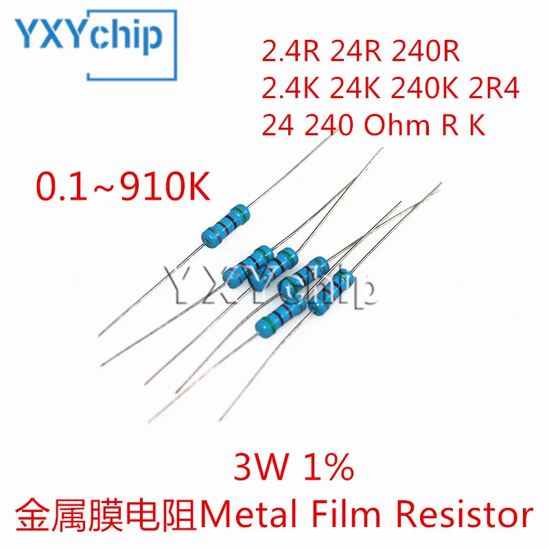 10 sztuk 3W 2.4R 24R 240R 2.4K 24K 240K 2 r4 24 240 Ohm R K dokładność 1% metalowa rezystor z folii pięciokolorowy pierścień 0.1R-910K