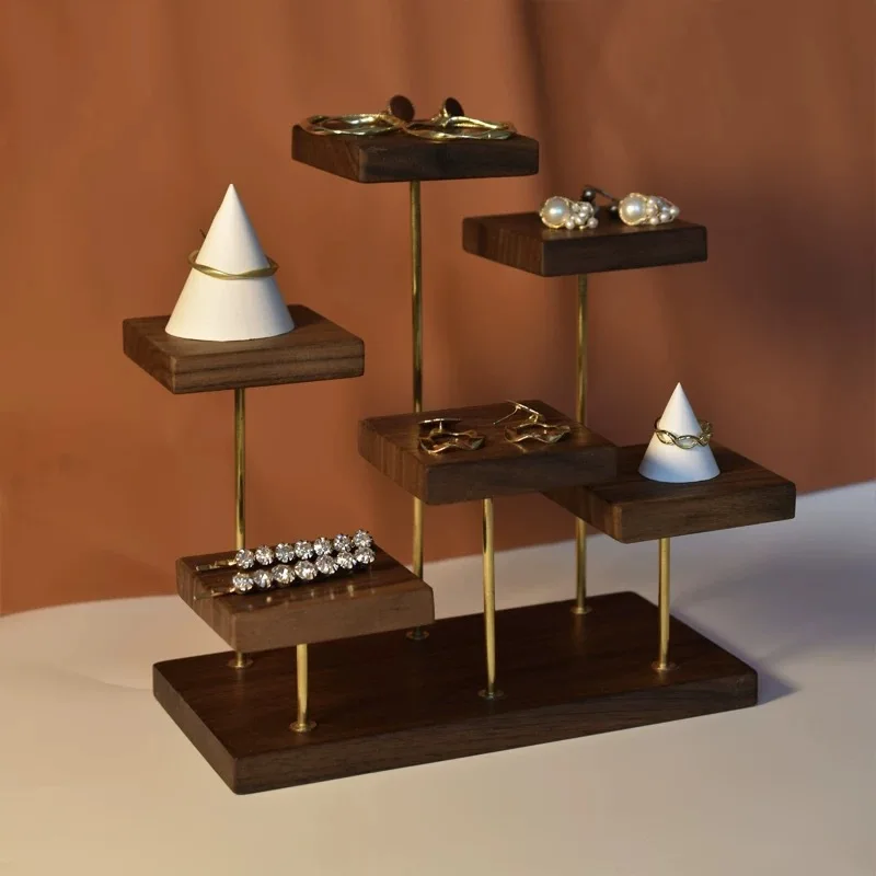 Walnut Jewelry Ladder Display Storage Shelves Jewelry Earrings Rings Tabletop Finishing Shelves Shooting Props