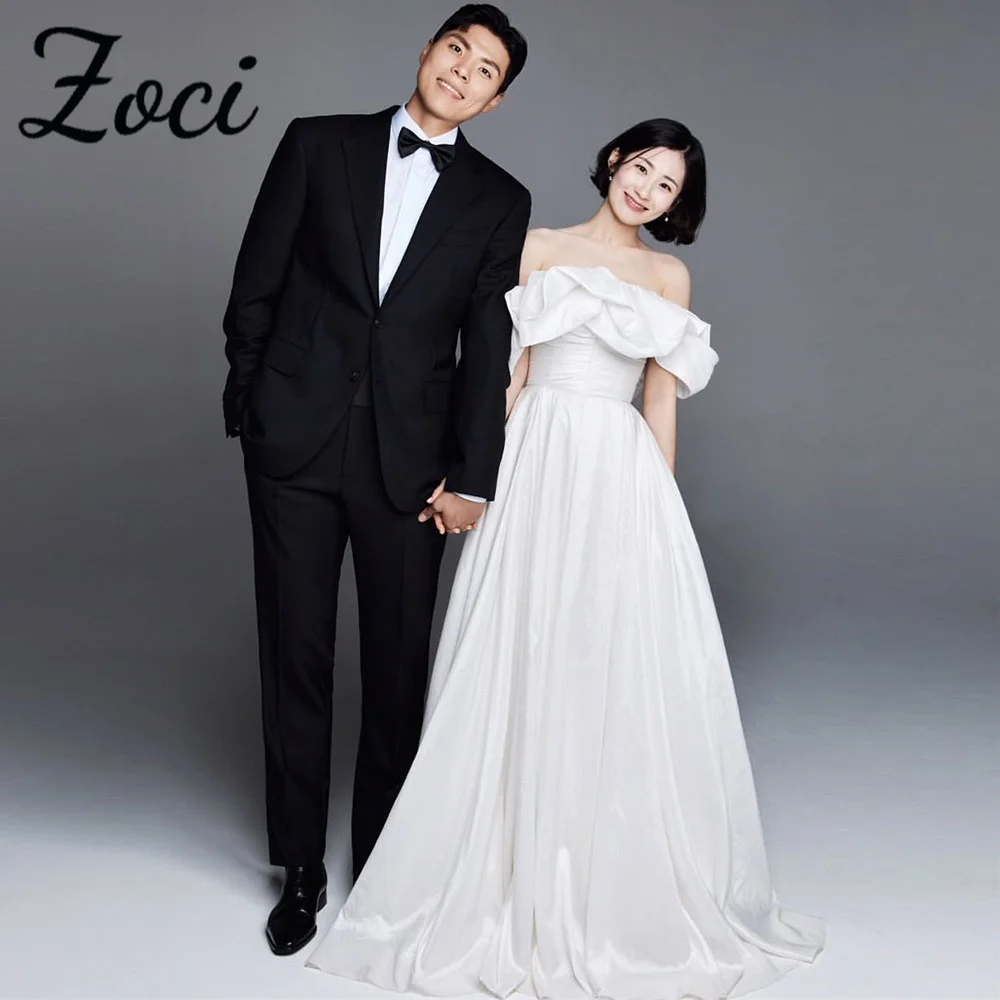 

Zoci Elegant Boat Neck Korea Wedding Dresses Photo Shoot Customized Ruffles Off Shoulder Bride Dress Corset Taffeta Bridal Gown