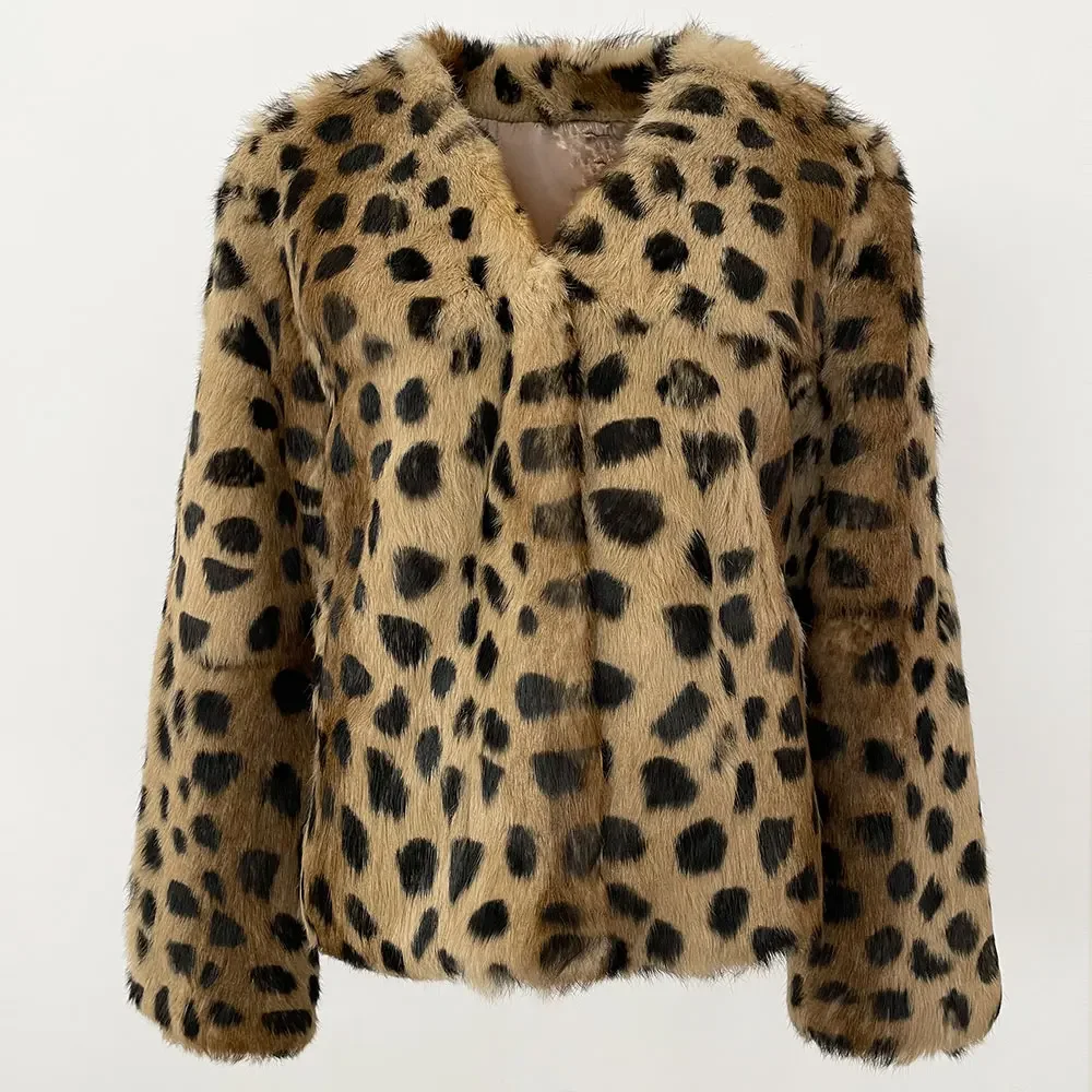 MENINA Nowa jesienno-zimowa moda Leopard Print V-Neck Lazy Rabbit Fur Coat Damski zagęszczony ciepły płaszcz z prawdziwego futra Darmowa wysyłka