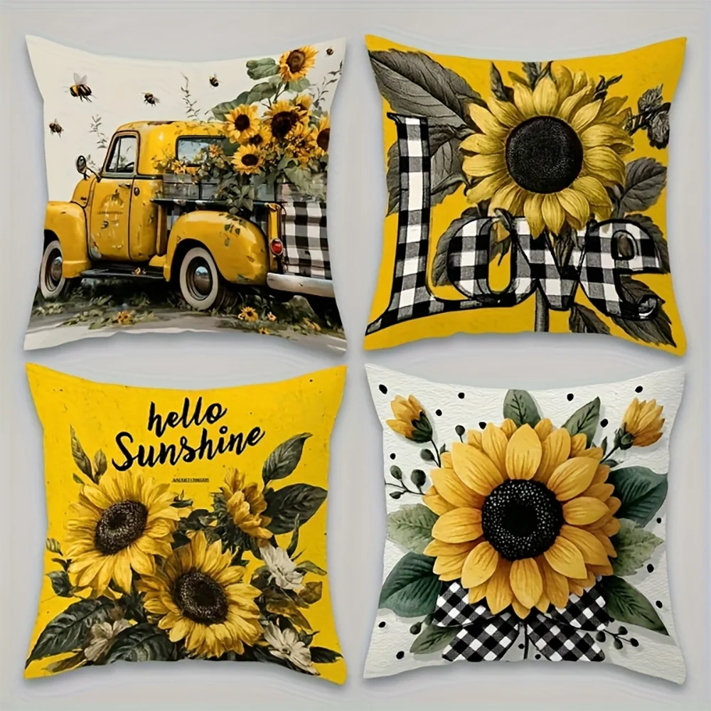1PC 2D Flat Rustic Sunflower Farm Truck Throw Pillow Covers Buffalo Plaid Sunshine Love Decorative Cushion Cases for Home Couch