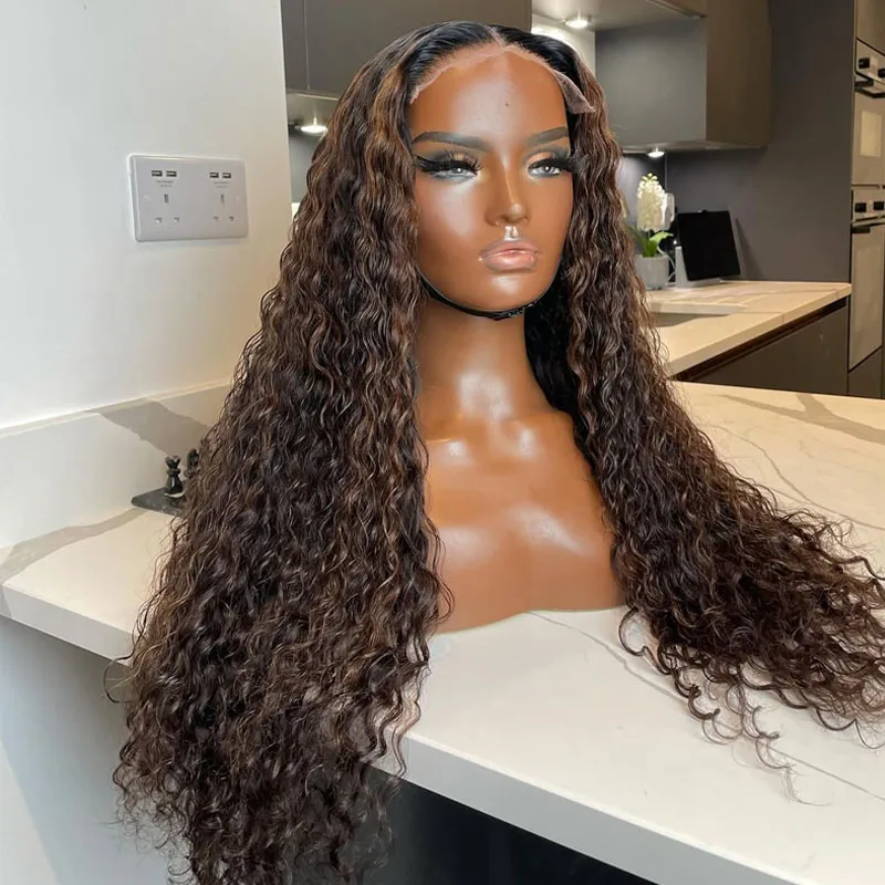 

Long Water Curly Highlight Chocolate Brown Human Hair 13x4 Lace Front Wigs with Baby Hair for Black Women Glueless Full Lace Wig