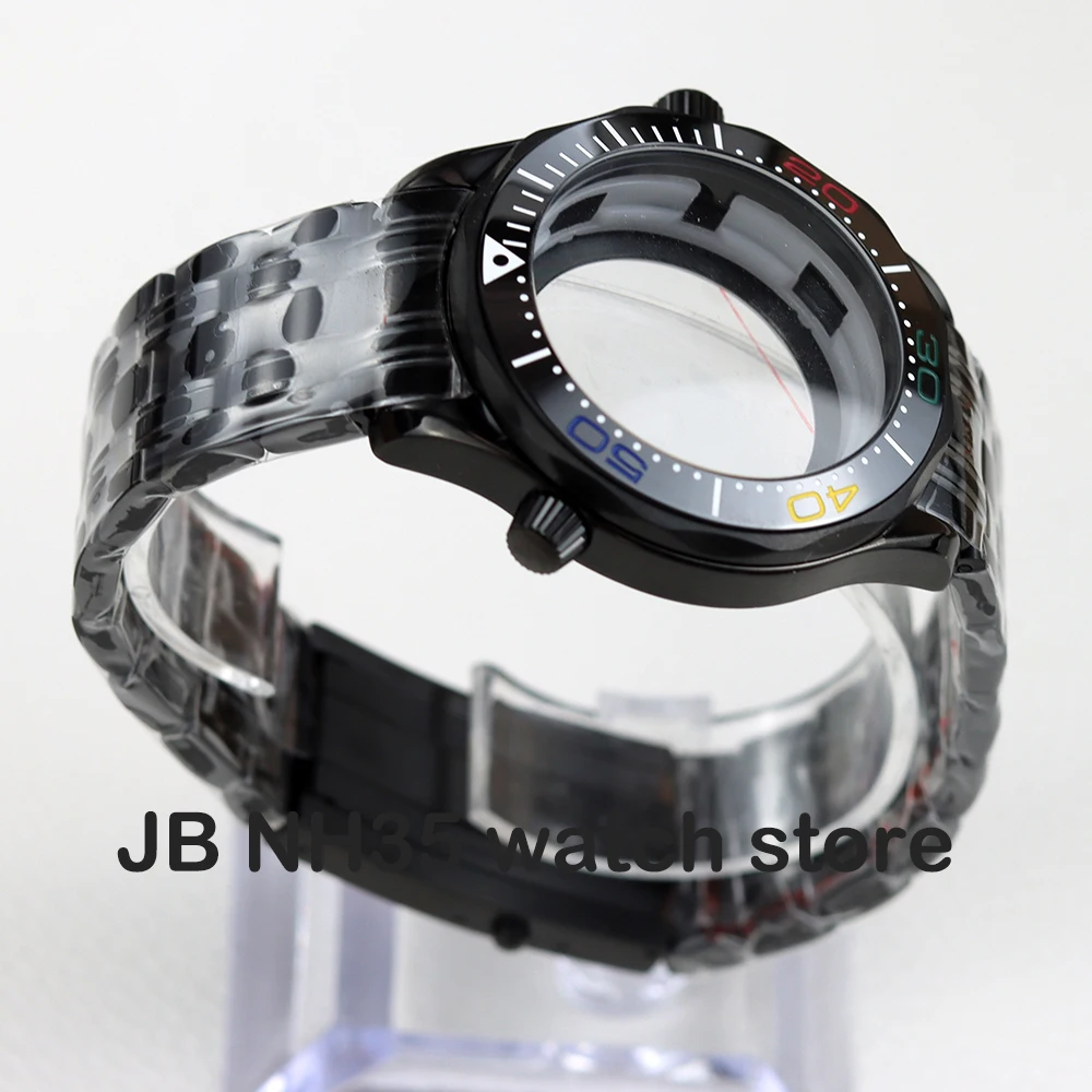 Cassa e bracciale nero NH35 da 41 mm per movimento Seamaster 300 mod NH35 NH36 Quadrante da 31 mm Cassa dell'orologio posteriore trasparente in acciaio inossidabile