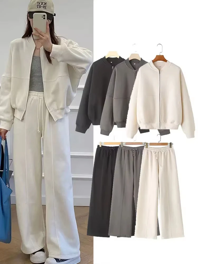 Women's Fall 2-Piece Retro Solid Color Zip Bomber Jacket Sweatshirt+High Waist Lace Up Women's Wide Leg Pants Street Wear
