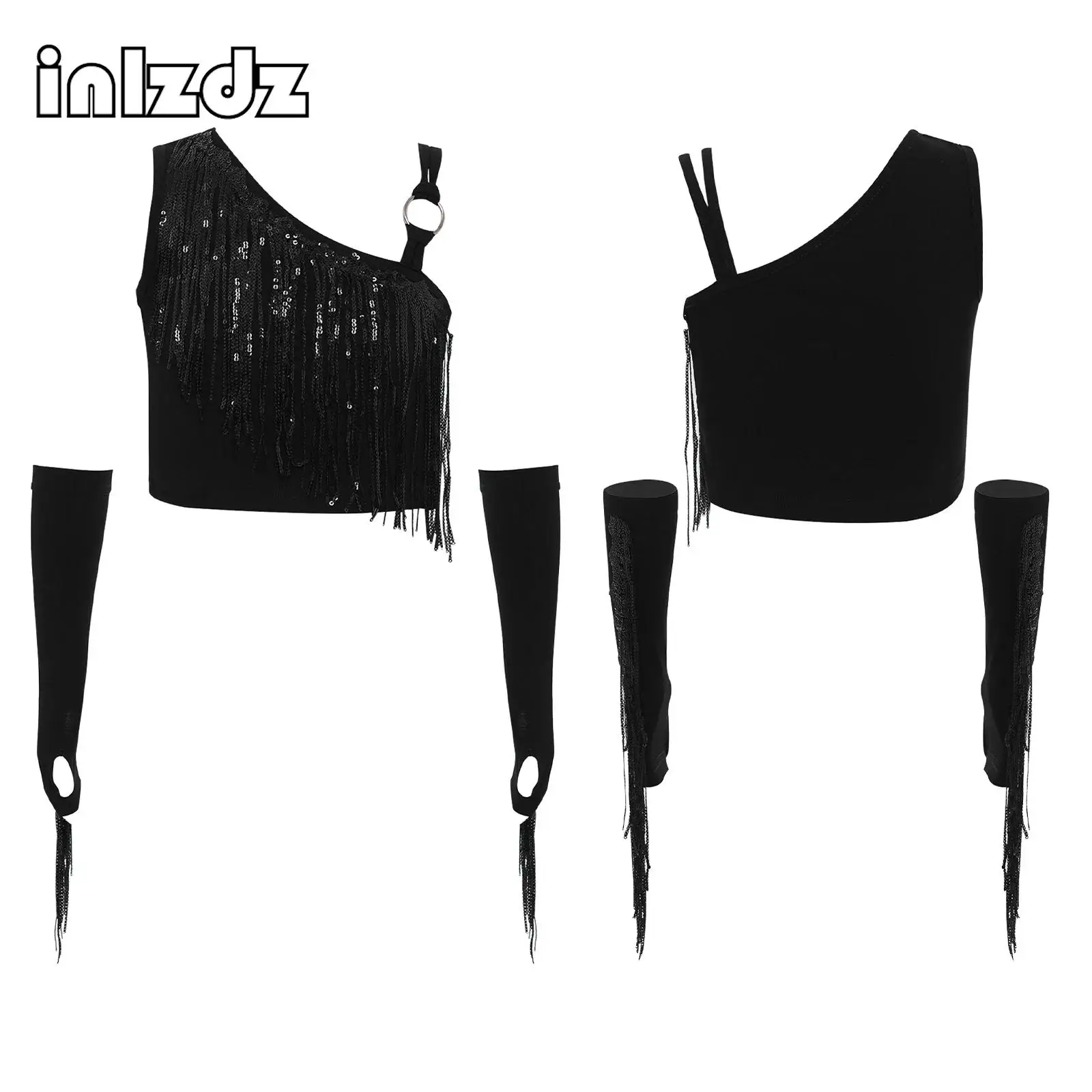 

Girls Shiny Sequin Tassels Hip Hop Jazz Dance Performance Outfits Streetwear Asymmetrical Crop Top+Fringe Gloves Dancewear Sets