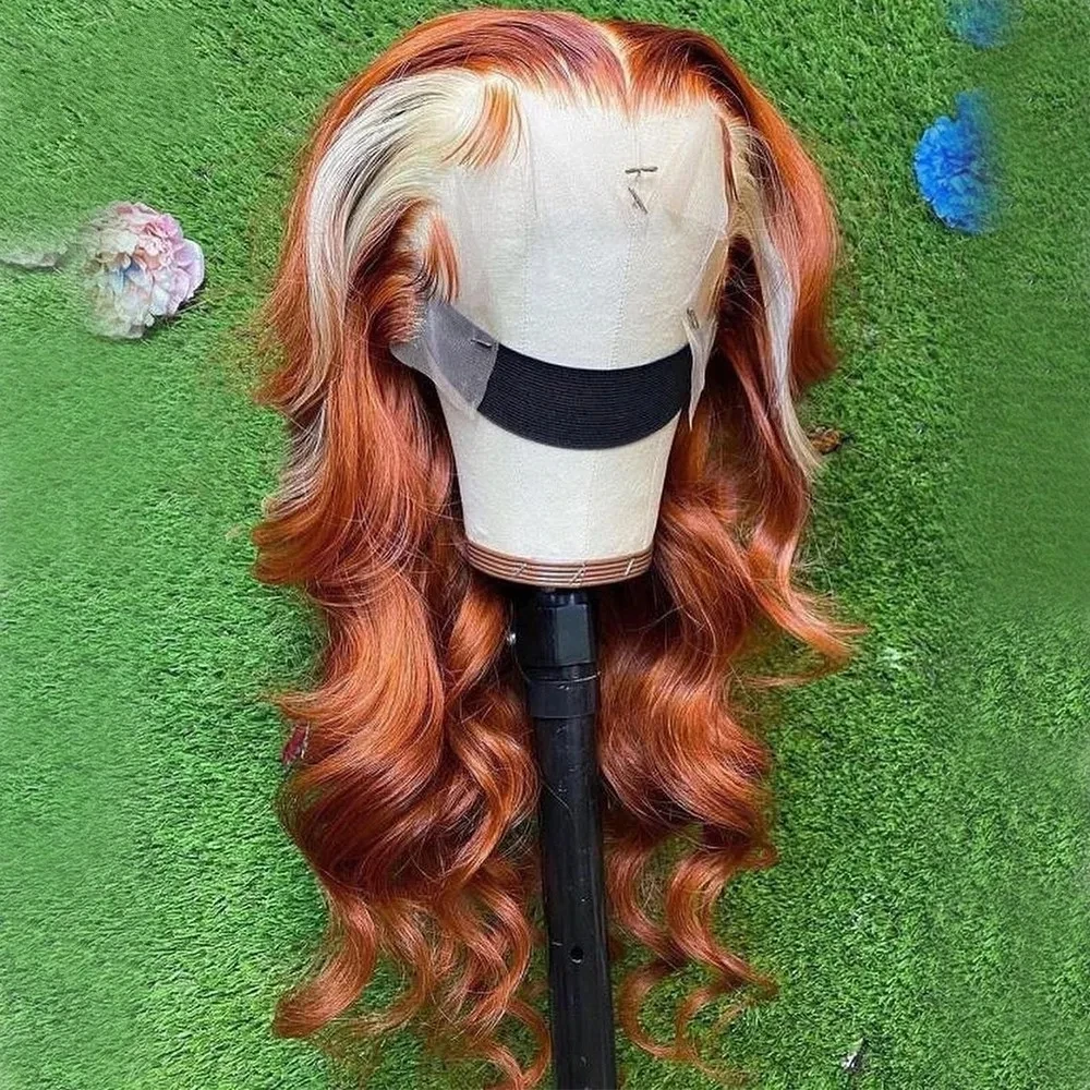 Body Wave Highlight Orange  Lace Front Wig Transparent Synthetic Lace Frontal Wigs For Black Women