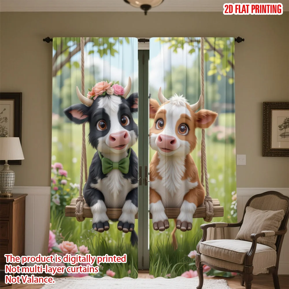 

2D flat printing 2pcs Scene Curtain Farm Animals on Swing Digital Printed Polyester Drapes Party Decorations Use for Door Wall