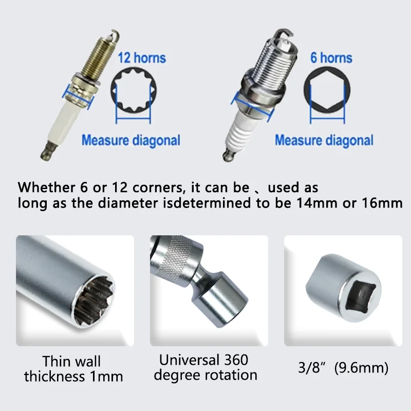 14mm/16mm Magnetic Spark Plug Socket Wrench 12 Angle Repair and Removal Tool Thin Wall 3/8 Inch Auto Repair Tool