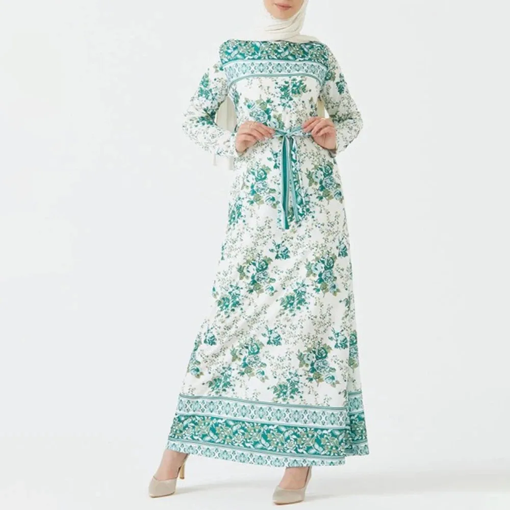 Muslim Fashion Round Neck Long Sleeve Maxi Dresses With Sashes Elegant Fresh Green Printed Abaya Dubai Pakistan Clothing Women