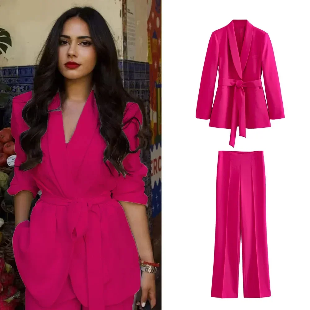 

Office Lady White Blazer Suits Women Long Sleeve V Neck Sashes Blazer+High Waist Wide Leg Long Pants Fashion 2024 Sets