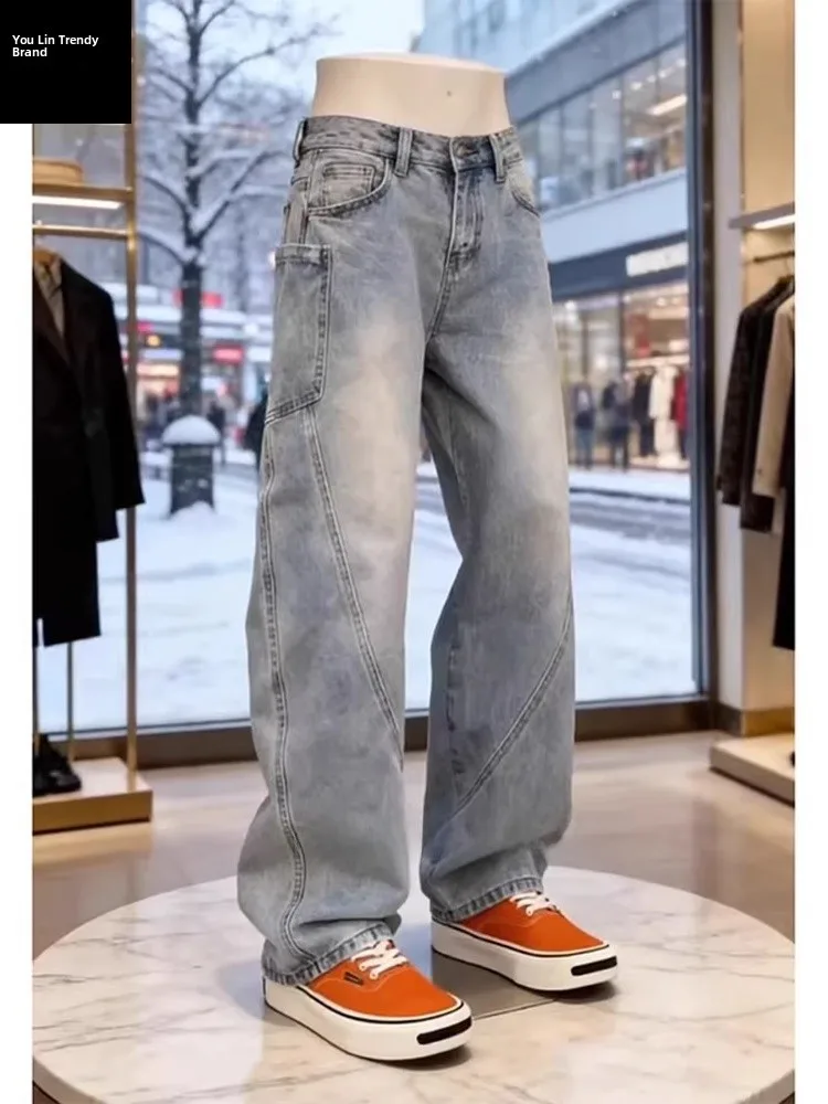 

Blue Waed Knife Straight Leg Jeans Men's Retro American Sle Spring Seasonal New Canted Cut Workwear Trousers