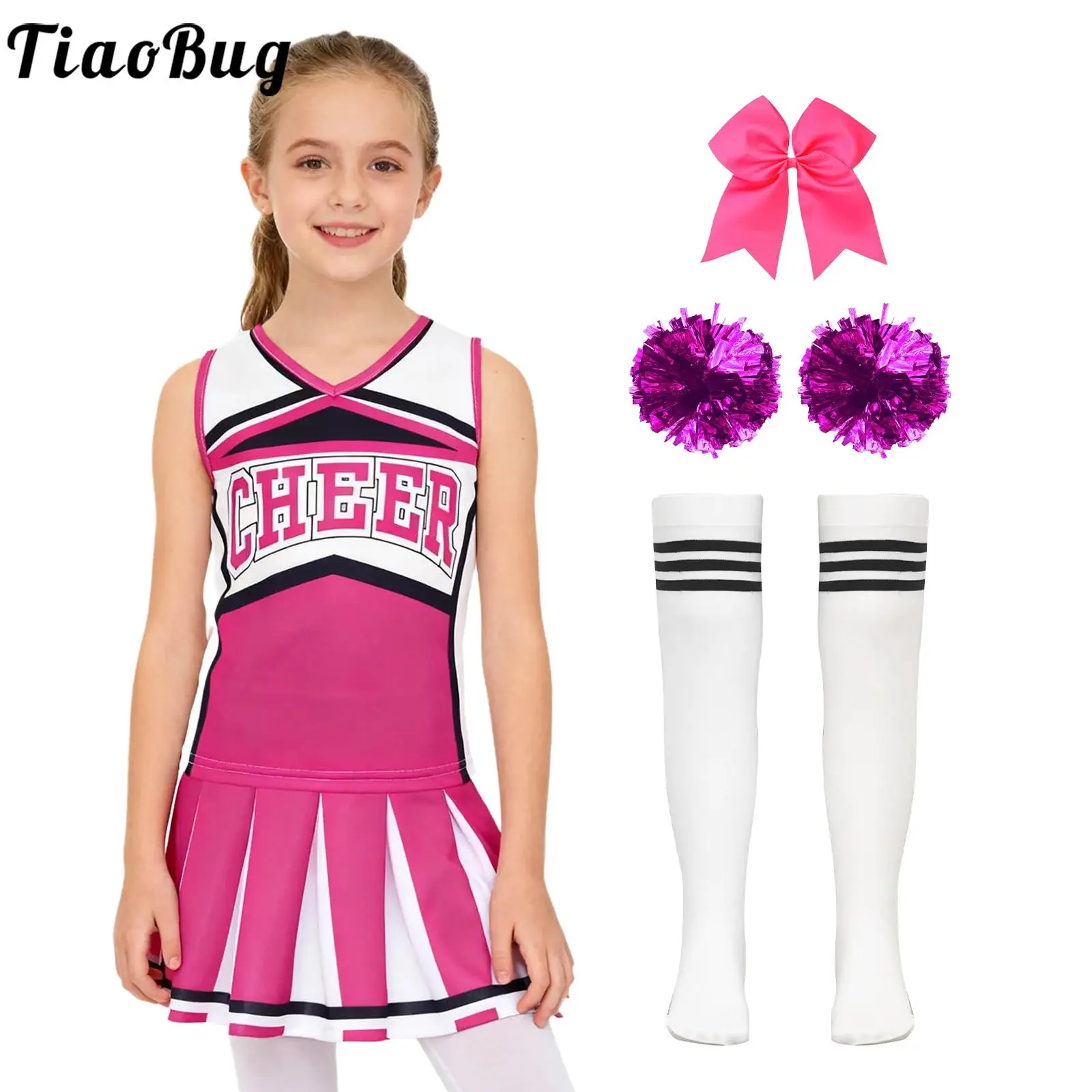 

Kids Girls Cheer Leader Modern Dance Outfit Performance Costume Sleeveless Top with Skirt Bowknot Hair Tassel Hand Flowers Set