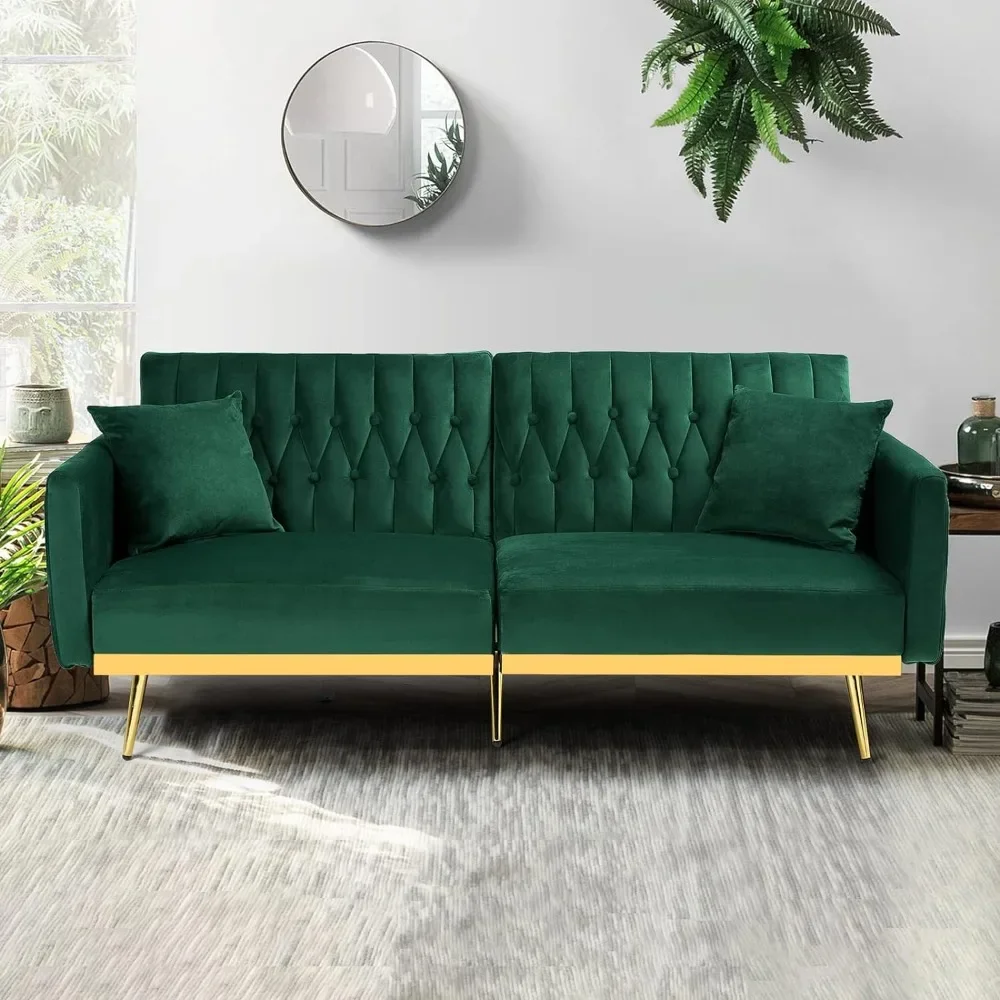 ZHENXIANG 70in Velvet Futon Sofa Bed W/Adjustable Backrests and Armrests, Convertible Futon Couch with Two Pillows, Tufted Bed