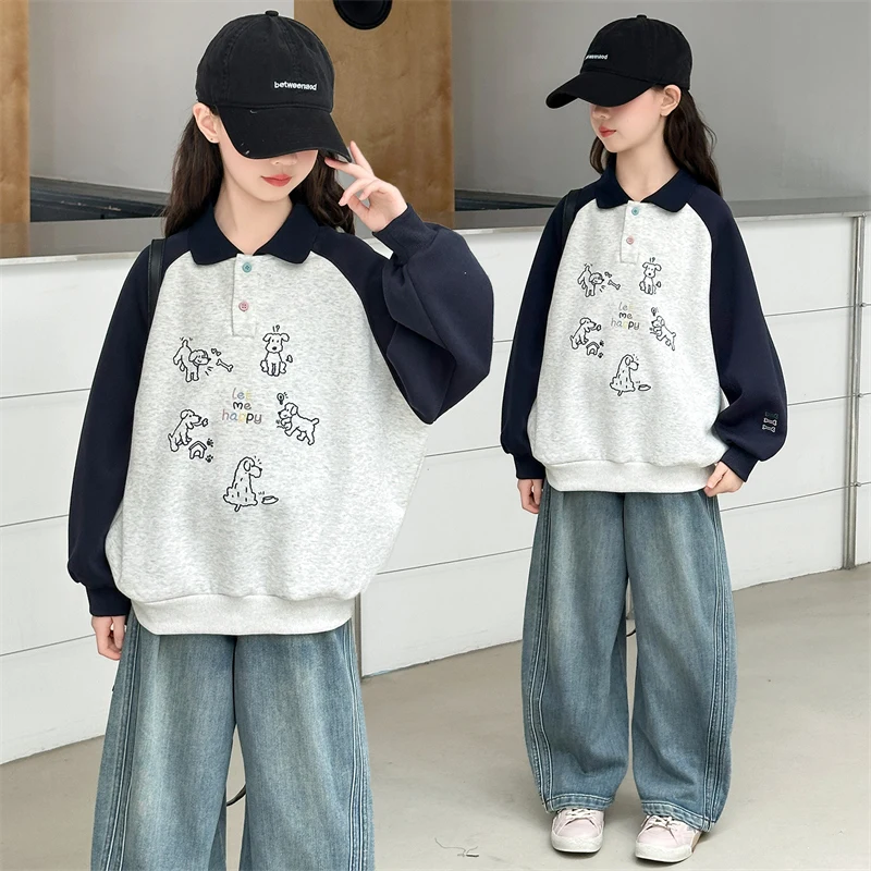 

Korean Style Kids Girls Polo Sweatshirt Cartoon Printed Pullover Outfit Teens Children Spring Autumn Cotton Clothing Age 5 To 14