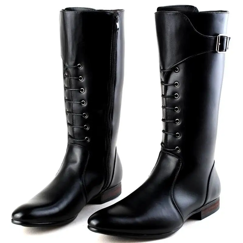 Fashion Mens Black Riding Boots Designer Army Training Long Motorcycle Shoes Pointed Toe Cosplay Casual Street Leisure Botas