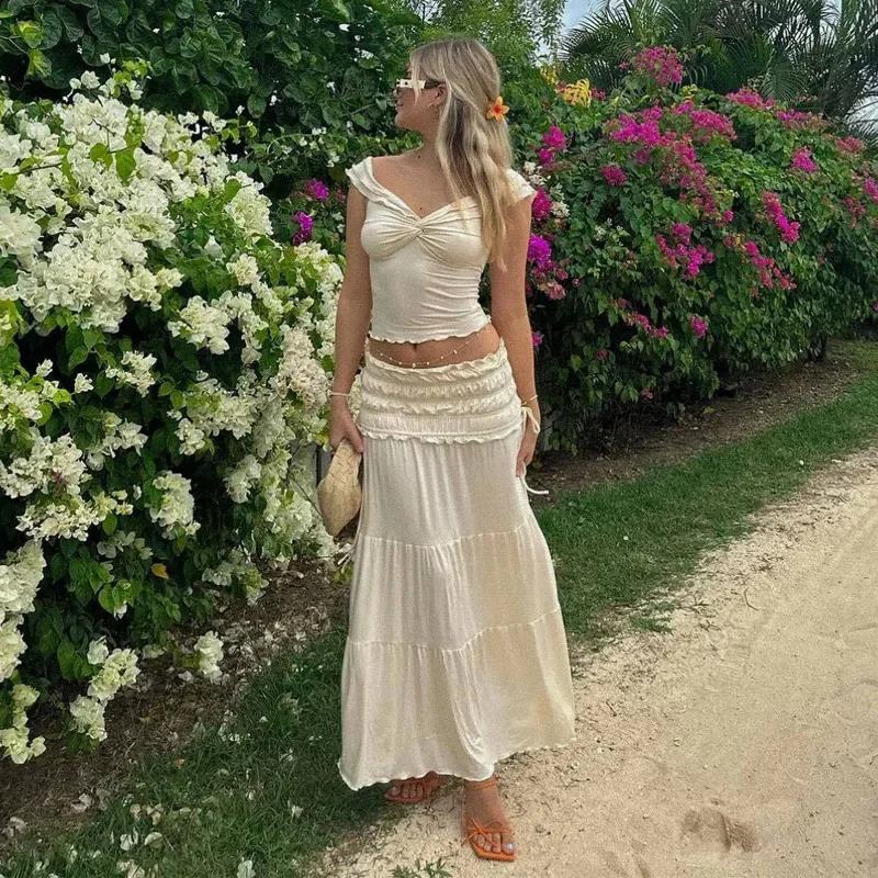 2 Piece Set Women Outfit Crop Top And Skirt Sets Fashion Summer Outfits For Women Vacation Ruffle Beach Holiday Outfits 2024