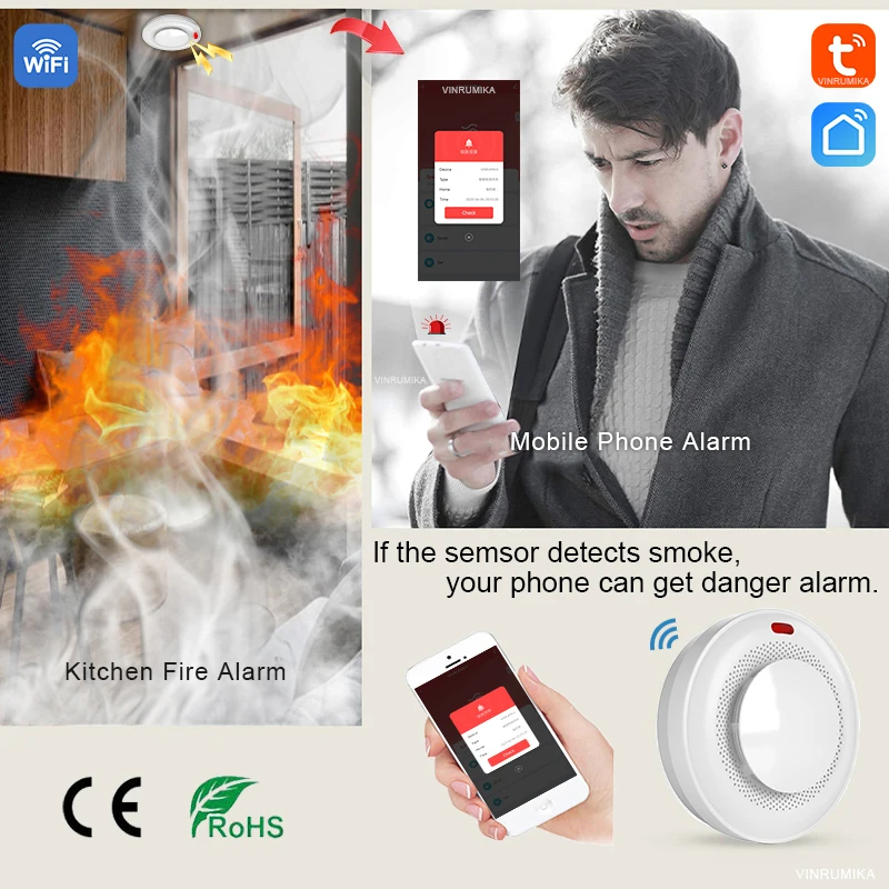 Imagem -02 - Tuya Smart Parlor Smoke Detector Alta Sensibilidade Função Wifi Quarto de Criança Casa Cozinha Sensor de Alarme de Som Shop Fire Inspection