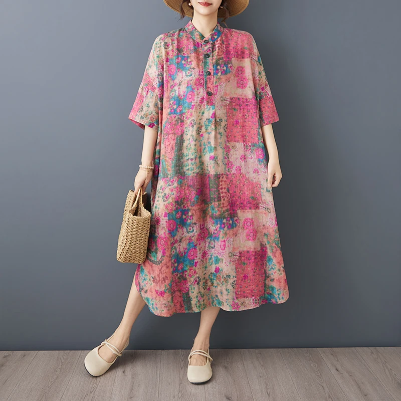 Summer New round Neck Sleeveless Printed Loose plus Size Shirt Dress Women's Fashion Citywalk Cotton Short Sleeve Midi Dress