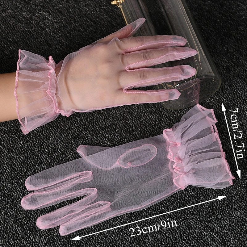 Autumn Summer Women Gloves Stretchy Sexy Lace Short Tulle Full Finger Mittens Lotus Leaf Sheers Elegant Lady Transparentes Glove