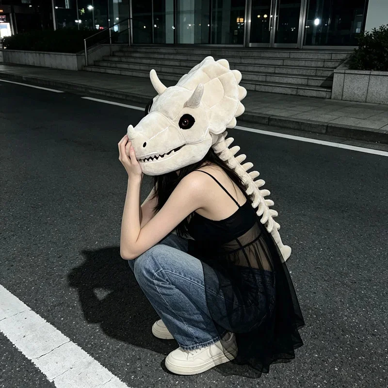 dinosaur-skeleton-plush-headwear-triceratops-fossils-bone-hat-wearable-costume-halloween-cosplay-party-gift-for-kids-adults