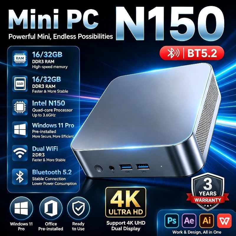 2026 인텔 N150 미니 PC, 휴대용 게이밍 PC, 윈도우 11 프로, 16GB RAM, Wi-Fi 6, 블루투스 5.2, 4K, 1/2TB SSD, 1000Mbps 미니 게이머 컴퓨터